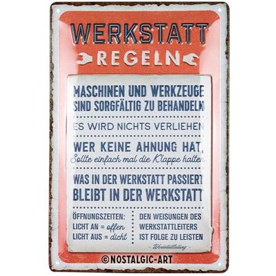 Nostalgic-Art Plaque en métal rétro avec inscription en allemand « Règles d'atelier » - Idée cadeau pour les fans de voiture - En métal - Décoration vintage - 20 x 30 cm