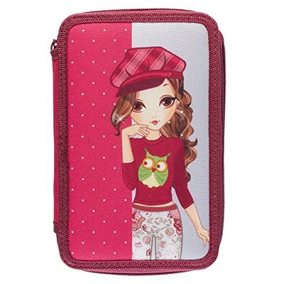 Idena 20119 - Potlodenetui voor leerlingen Triple met 3 vakken met rits en gevuld met 47 stuks, meisjesdesign, etui met gekleurde pennen, liniaal, potloden en andere accessoires voor school