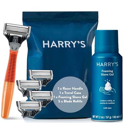 Harry's Razors for Men - Men's Razor Set with Bright Orange Handle, 5 Razor Blade Refills, Travel Blade Cover, 60ml Shave Gel