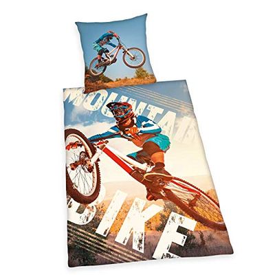 Herding Young Collection Conjunto de roupa de cama reversível para bicicleta de montanha, capa nórdica de 135 x 200 cm, fronha de almofada de 80 x 80 cm, algodão reforçado