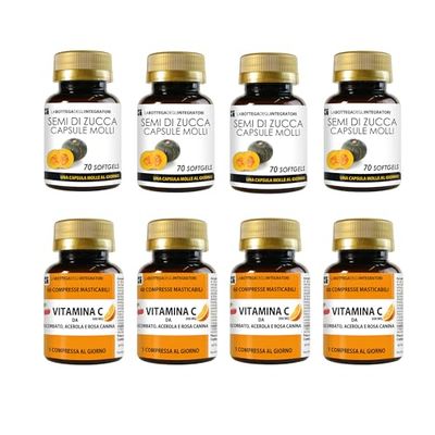 Semi di Zucca 280 Softgels con Olio Spremuto ricco in Omega 3, 6, 9 + Vitamina C da Ascorbato Acerola e Rosa Canina 240 Compresse Masticabili