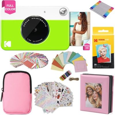KODAK Printomatic fotocamera a stampa istantanea + custodia morbida + carta fotografica Zink 2x3" 20pz + album + adesivo + cornici per adesivi + cornici sospese + pennarelli - Verde