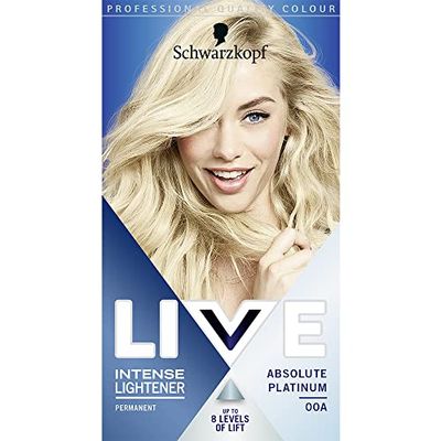 Schwarzkopf LIVE Intense Lightener, Permanent Blonde Bleach Hair Dye, With Brightening Oil Booster, Lifts Hair Up To 8 Levels, Absolute Platinum 00A