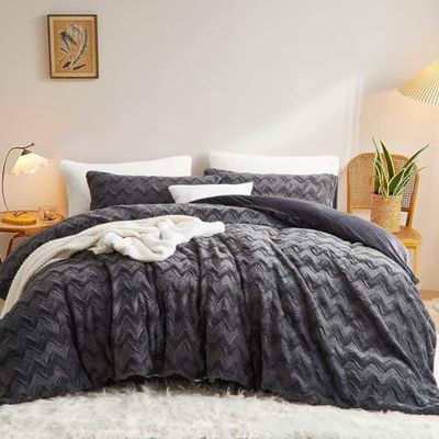Lanqinglv Plush Bed Linen 135 x 200 cm Dark Grey Faux Fur Fluffy Winter Bed Linen Warm Cosy Flannel Fleece Wave Pattern Flannelette Duvet Cover with Zip and 1 Pillowcase 80 x 80 cm
