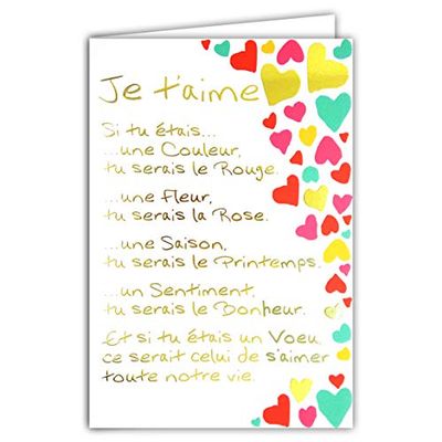 Afie 69-3044 "Sentiments Je T'Aime" Card with Large Text in Gold-Plated Words That Shine; Comes with Matching Colour Envelope; Closed Card Size 11.5 x 17 cm; Made in France