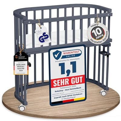 babybay Cuna Extra Grande de Madera de Haya Maciza, Altura Regulable y respetuosa con el Medio Ambiente, con colchón, Rejilla, Ruedas (Lacado Gris Pizarra)
