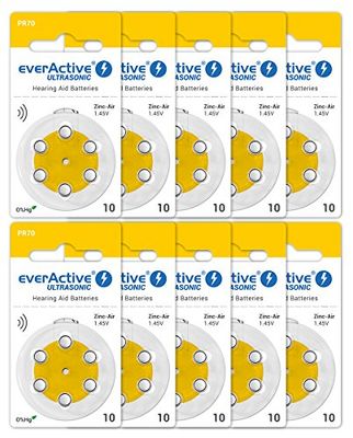 everActive 10, 60 stycken, hörapparatsbatterier, hög prestanda, zinkluftbatterier, 10 blisterkort, 4 års hållbarhet, gul, Ultrasonic PR70