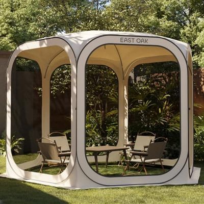 EAST OAK Pop-up tent en paviljoen, 3 x 3 m, grote werptent voor 4-6 personen, gazebo voor camping, tuin, terras, stoffen waterdicht, UPF 50+ uv-bescherming, 360° ventilatie, anti-muggen, met draagtas,