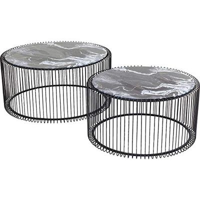 Kare Design salontafel Wire set van 2 glazen marmer zwart, rond, moderne glazen tafel, grote bijzettafel, koffietafel met glasplaat in marmerlook, nachtkastje, (h x b x d) 30,5 x Ø 60 cm & 33,5 x Ø