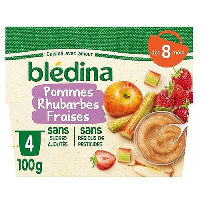 Blédina - Coupelles Fruits Pommes Rhubarbes Fraises - dès 8 Mois - Le pack de 4x100g