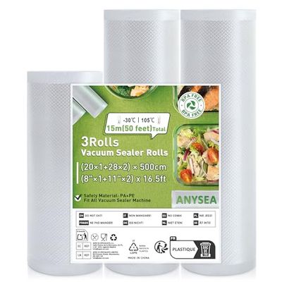 Anysea Vacuum Sealer Bags Vacuum Film 3 Rolls: 20 x 1/28 x 2/x 500 cm Vacuum Bags Food Sealing Film for Vacuum Sealers, Foil Rolls BPA Free, Professional Vacuum Bag for Household