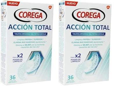 Corega Max Acción Total, Tabletas Limpiadoras Para Prótesis Dental, Cuidado e Higiene Oral Integral, Pastillas de Limpieza Diaria, Limpieza Profunda, 36 Tabletas (Paquete de 2)