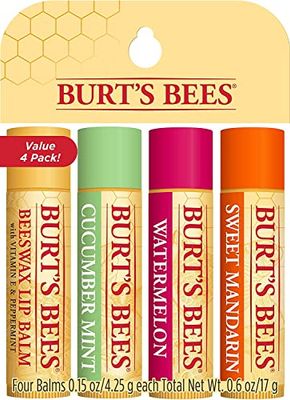 Burt's Bees Paquete múltiple de bálsamo labial, con cera de abejas, pepino y menta, sandía, mandarina dulce, Freshly Picked, 4 x 4.25 gramos