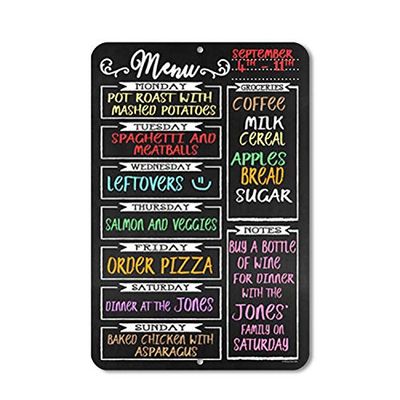 Chalkboard Style Weekly Food Menu Board for Kitchen, 12 inch by 18 inch Tin Sign Durable, Easy Hanging on Wall Dinner, Daily Chalk Menu Board for Kitchen, HDG-1018