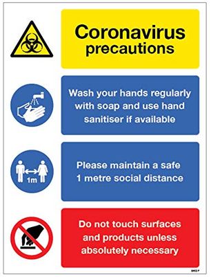 Coronavirus precautions sign - Wash hands, maintain 1 metre distance, avoid touching surfaces Semi Rigid PVC sign (300x400mm)