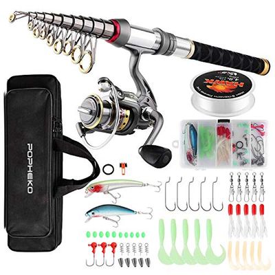 SupsShop - Kit Completo de Carrete de caña de Pescar telescópica, Carrete Giratorio, anzuelos y Bolsa de Transporte de Pesca, Equipo de Pesca de Agua Dulce y Salada para niños y Adultos Profesionales