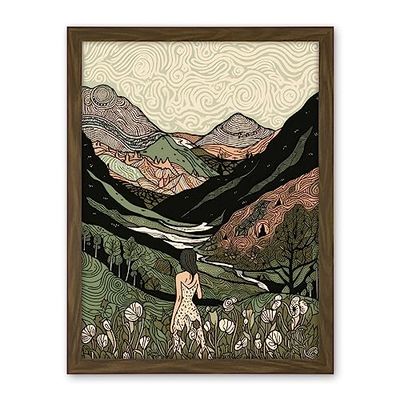 Artery8 Woman in Flower Field in Scottish Hill Landscape Artwork Framed Wall Art Print 18X24 Inch