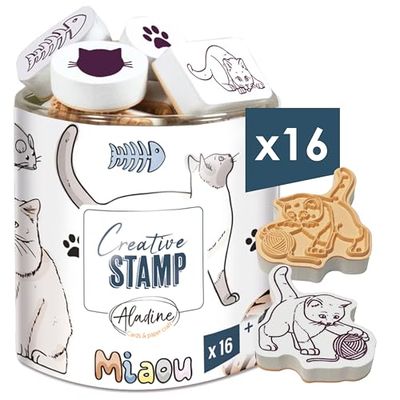 Aladine - 16 kattenstempels met stempel, van schuim en rubber, voor kaarten, bullet journal, scrapbooking, vrije tijd, tekenen, creatieve stempel, cadeau-idee voor kinderen en volwassenen, 03714