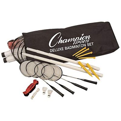 Champion Sports Ensemble de Badminton d'extérieur : kit de Jeu de pelouse et de fête Comprenant 4 Raquettes, 2 Volants, des poteaux et Un étui de Transport Gratuit – Idéal pour Barbecue, Camping ou