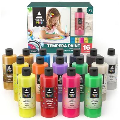 Arteza Premium tempera-verf voor kinderen en hobby-schilders, 16 flacons van 400 ml in goed dekkende neon-, metallic, glitter- en standaardkleuren, Hobbyverf in fijne knijpflacons met prettige tuit
