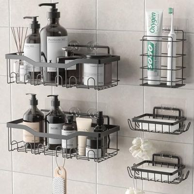 OUSFOT Doucherekset met 5 organizers, 304 roestvrij staal, voor badkamer met zeepbakje, lijmrek voor badkamer, shampoohouder, zwart
