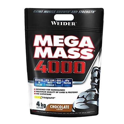 Weider Mega Mass 4000 (4kg) Chocolate Flavour, Mass Gainer with High Content of Complex Carbohydrate Blend, for Energy and Muscle Mass