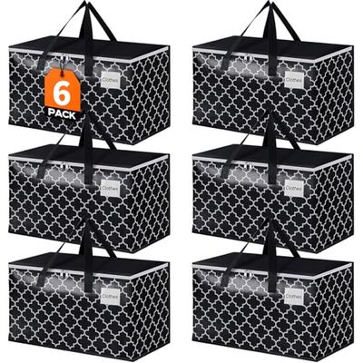HomeHacks Storage Bags, Heavy Duty Moving Bags, Moving Boxes with Tag Pockets, Zippers & Carrying Handles, Collapsible Storage Totes for Storing, Camping, Packing & Moving Supplies, Black 88L, 6 Pack