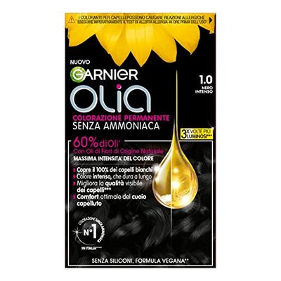 Garnier Olia Midnight Tinta Capelli, Colorazione Permanente Senza Ammoniaca, Copre il 100% dei Capelli Bianchi, Con Oli di Fiore di Origine Naturale, Formula Vegana, Nero Intenso