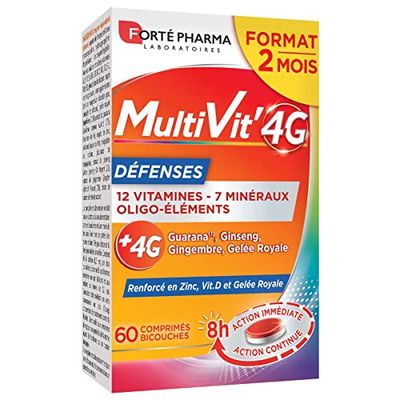 Forté Pharma - Multivit' 4G Défenses - Complément Alimentaire Forme et Tonus - Vitamines, Minéraux - Renforcé en Zinc, Sélénium, Vitamine D, Magnésium - Fatigue - 60 comprimés Bi-couches