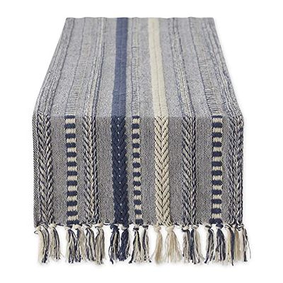 DII Chemin de Table tressé à Rayures, Collection Rustique, 38,1 x 274,3 cm, Franges incluses, Bleu français