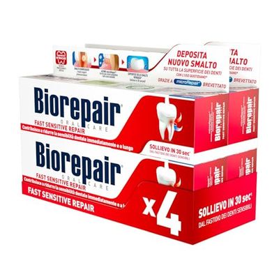 Biorepair, Dentifricio Fast Sensitive Repair, 4 Confezioni da 60 ml, Riduce la Sensibilità Dentale e Dà Sollievo dal Dolore dei Denti Sensibili in 30 Secondi, Protegge e Ripara lo Smalto, Senza Fluoro