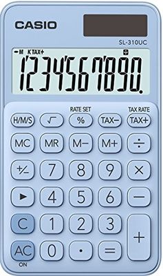 Casio miniräknare SL-310UC, 10-siffriga, trendiga färger, styrberäkning, tusentals indelning, sol/batteridrift, ljusblå