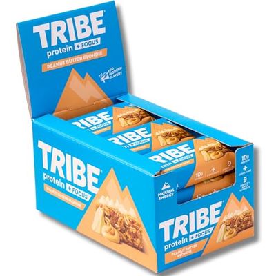 TRIBE Protein + Focus Flapjack Bar - Peanut Butter Blondie - High Protein Snack - 9 Energy & Focus Nutrients - 10g Protein, Lions Mane, Plant Based, Vegan Snack & Gluten Free (60g x 12 Bars)
