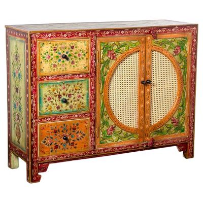 DRW Console d'entrée avec 2 Portes et 3 tiroirs en Bois décoré en Multicolore 120 x 40 x 92 cm, Acier et Osier synthétique PE, Blanc, Medidas: 80x71x83 cm