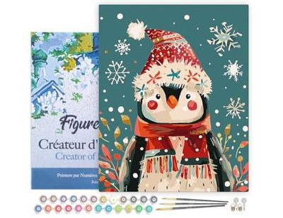 Figured'Art Peinture par Numéro Adulte avec Cadre Petit Pingouin de Noël - Activité Manuelle Kit de Loisir Créatif DIY Numéro d'Art Complet - 40x50cm toile tendue sur châssis
