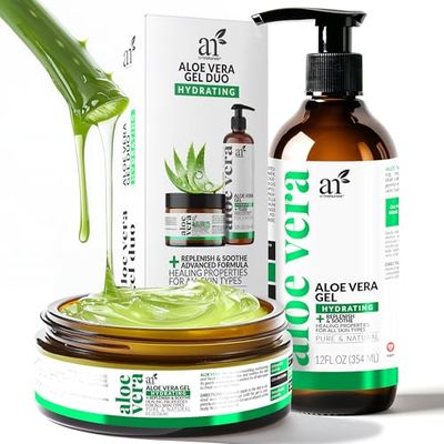 artnaturals Aloe Vera Gel Set - JUMBO 591.5 ml (99% Pure Organic) - Sunburn Relief & Hydration for Face, Body, Scalp & Hair - Calming Moisturizer After Sun Exposure - Freshly Harvested within 12 Hours