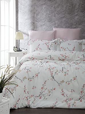 Nuit Des Rêves Elegant Ranforce Double Quilt Cover-set (200x200 cm), 100% katoen, wit en salmon, 2 kussenslopen, machinewasbaar, stijlvol en comfortabel design