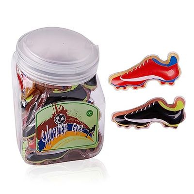 Accentra Mini-Duschgel "Fußball" 2 Fußballschuhe sortiert 24 Stück Duschgel a 50ml im Bonbonglas, ideal als Tombola Preis, Gastgeschenke zum Kindergeburtstag oder Hochzeit, Großpackung