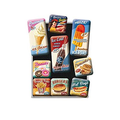 Nostalgic-Art Conjunto de ímanes retro American Diner Ideia para presente de cozinha, decoração para frigorífico, design vintage, 9 unidades, 9