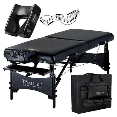 Master Massage Opvouwbare mobiele massagebank Massabed Behandelingsligstoel van hout met muziekkussen luidspreker, zwart, 76 cm