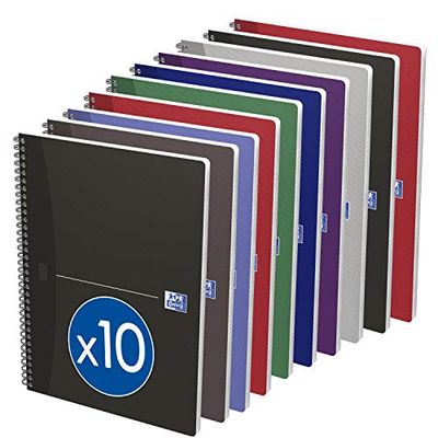 Oxford - Lotto di 10 quaderni Essentials A4, a quadretti piccoli, 100 pagine, rilegatura a spirale, copertina in carta, colori assortiti