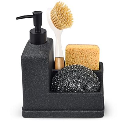 Dispenser di sapone con supporto per spugna, dispenser di sapone liquido per mani e piatti e portaspazzole, organizer 3 in 1 per lavello da cucina e bagno, nero
