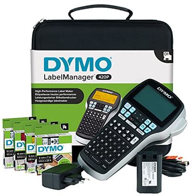 DYMO LabelManager 420P etikettskrivare | Sats med högpresterande, laddningsbar, bärbar | ABC-tangentbord med fyra rullar D1-etiketter och bärväska