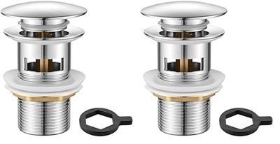 M20502 Pop Up Sink Plug Replacement, Basin Waste, Slotted Click Clack Waste with Overflow, Bathroom Sink Plug, 1/4" BSP, Chrome (Pack of 2)