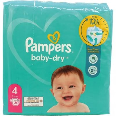 Pampers Baby Dry Taille 4, 30 couches, jusqu'à 12 heures de protection contre les fuites, 9 kg à 14 kg.