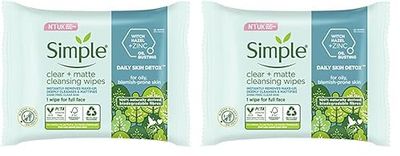 Simple Daily Skin Detox Clear + Matte Biodegradable Wipes with vitamin B3 cleansing make-up remover for oily skin 20 wipes (Pack of 2)