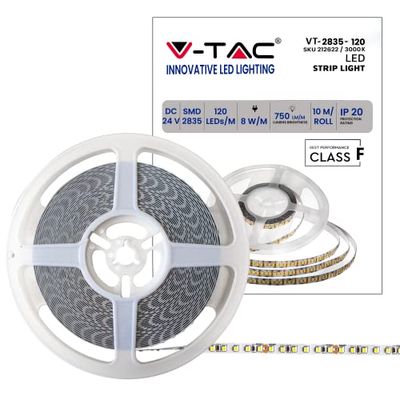 V-TAC Striscia Led da Interno SMD 2835 7,5W - 10 Metri - Striscia LED Adesiva per Casa, Cucina, Camera, Ambienti Interni - Luce Bianca Calda 3000K - Strisce LED Alta Luminosità - 24 Volt