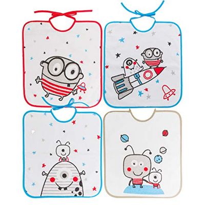 Ti TIN | Set van 4 waterdichte slabbetjes, 32 x 36 cm, slabbetjes met sluitsluiting voor baby's vanaf 1 jaar, met vinylvoering van 90% katoen, 10% polyester, verschillende motieven/kleuren