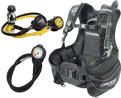 Cressi Start Scuba Set - Jacket Start + Erogatore AC2 Compact (INT/DIN) + Octopus Compact e Minimanometro con frusta, Nero/Blu, Adulto Unisex, M - INT