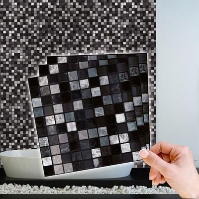 Walplus Tegelstickers Metalen Multiverpakking Modern Zelfklevende Tegels Schillen En Plakken Vinyl Decoratie Waterbestendige Keuken Marquina Metallic Zwart-Wit Marmeren Mozaïek 48Pcs 15Cm(6") Zwart